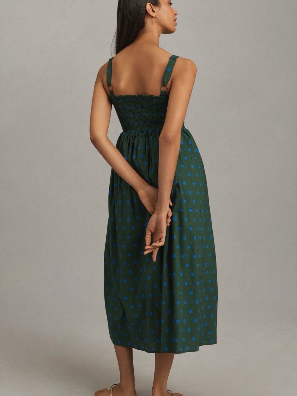 Anthropologie Green Midi Dress with Blue Polka Dots - Picture 2 of 8
